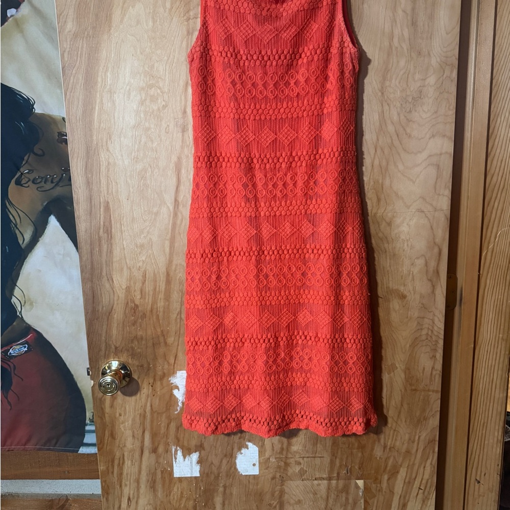 Sharagano Vibrant Coral Lace Midi Dress